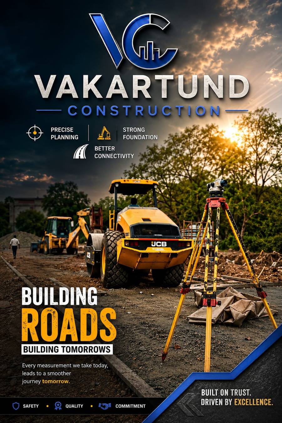 Roads poster with a survey tripod, roller, and backhoe